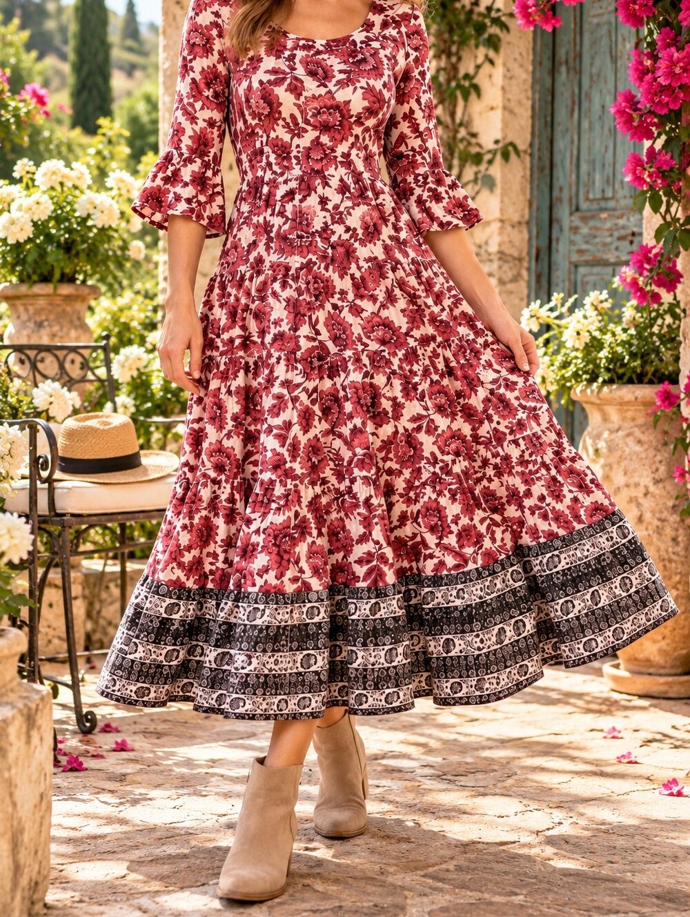 Soft Surroundings Lily Dress XS Petite Red White Floral Tiered Bell Sleeve